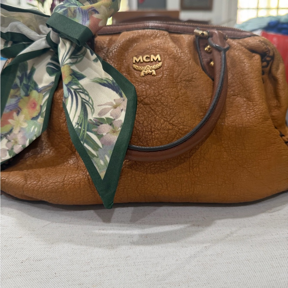 MCM whipstitch Cognac Leather Satchel Bag with Scarf